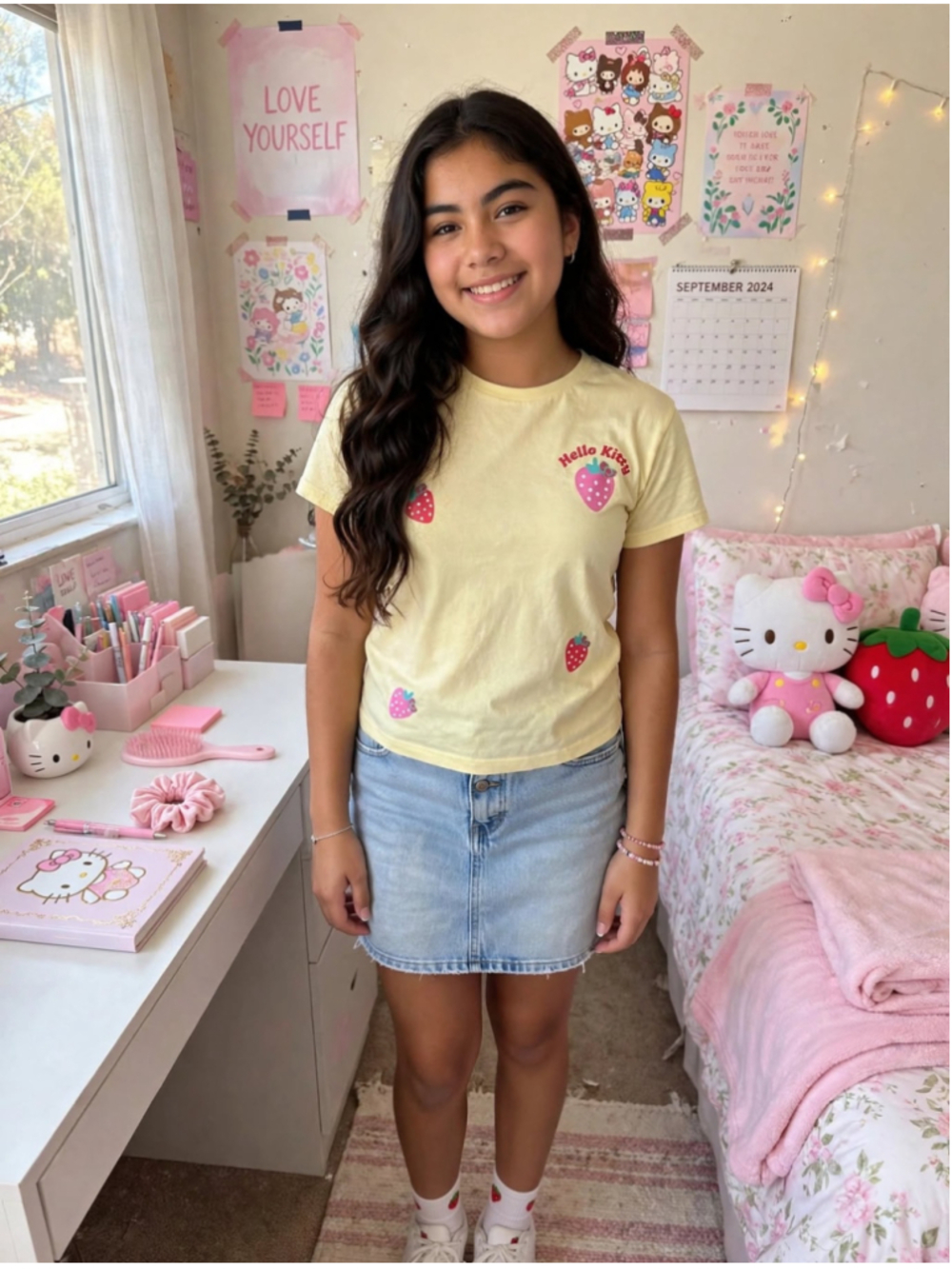 Girls Hello Kitty Strawberry Dreams Graphic T-Shirt Yellow Size L